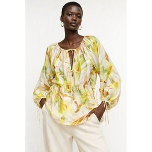 H&M Yellow Tropical Drawstring Detail Blouse Size M Boho Resort Chic Vacation